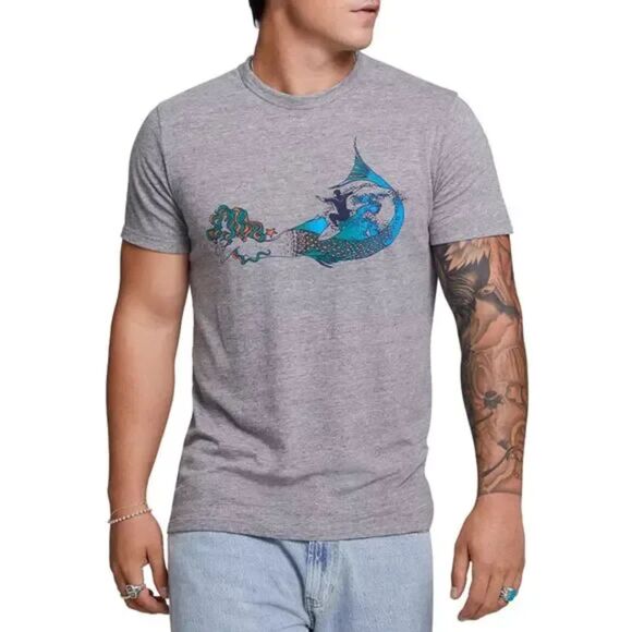 CHASER Mens Shirt Medium Gray Pullover Crew Soft Tee Mermaid Surfer Surfing - Picture 1 of 8